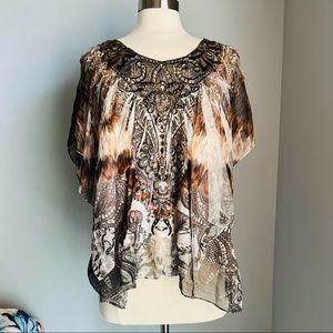 One World M Brown Flowy Embroidered Tank Blouse with Overlay Boho